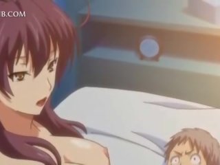 Innocent anime girlfriend fucks big manhood between tits and cunt lips