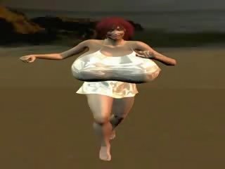 Bigtit 3d chick running on the beach