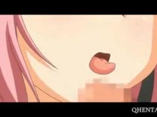 Różowy włosy anime szkoła lalka jedzenie wał na kolana